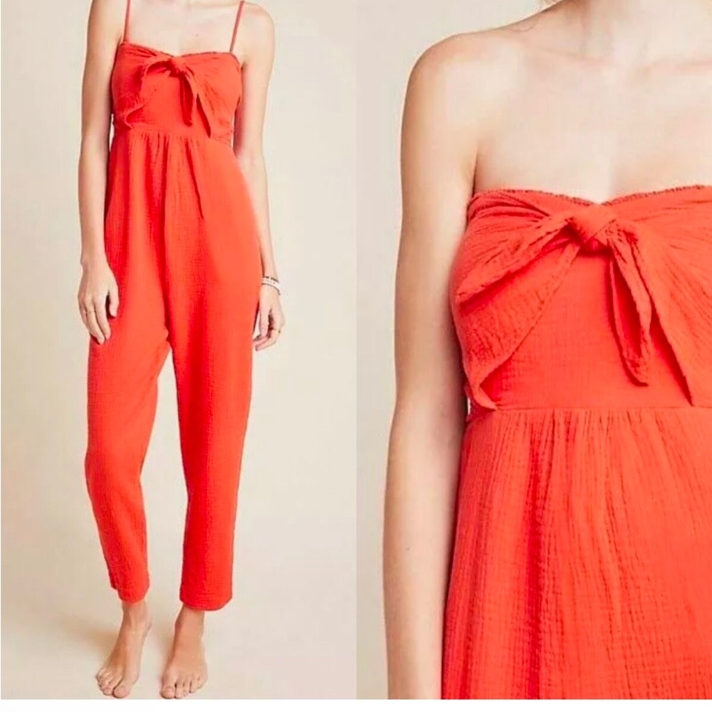 Anthropologie Orange Strapless Jumpsuit with Bow Detail